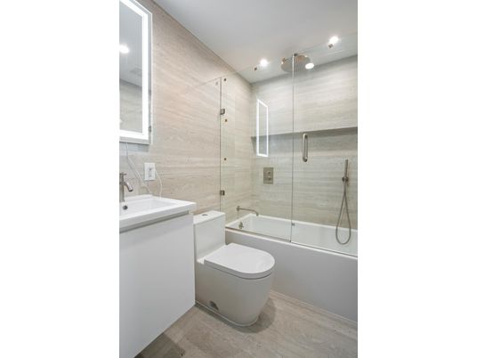 Bathroom, Glass Shower, Interior, Recessed Lighting, Wood Texture Flooring
