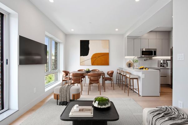 Dining room, Interior, Kitchen, Recessed Lighting, Stainless Steel Appliances, Wood Texture Flooring