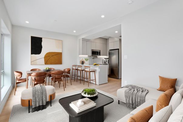 Dining room, Interior, Kitchen, Living room, Recessed Lighting, Stainless Steel Appliances, Wood Texture Flooring