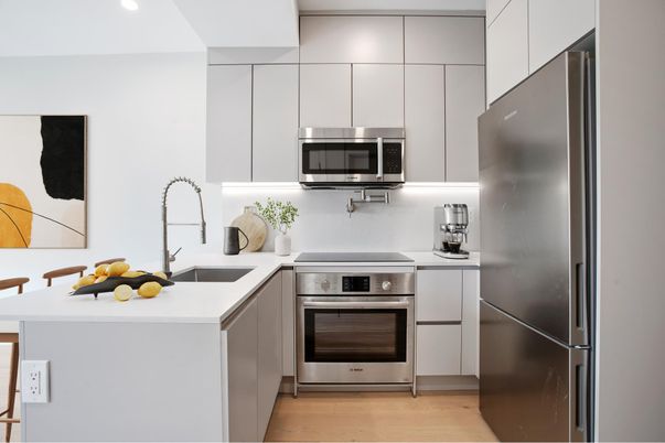 Interior, Kitchen, Recessed Lighting, Stainless Steel Appliances, Wood Texture Flooring