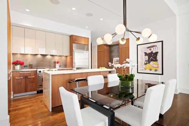 Dining room, Interior, Kitchen, Pendant Lights, Recessed Lighting, Stainless Steel Appliances, Wood Texture Flooring
