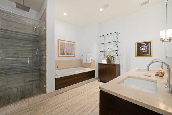 Bathroom, Dual Sink Vanities, Glass Shower, Interior, Recessed Lighting