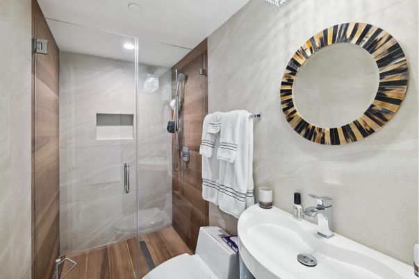 Bathroom, Glass Shower, Interior, Recessed Lighting, Wood Texture Flooring