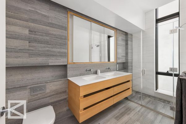 Bathroom, Glass Shower, Interior, Wood Texture Flooring, Wooden Walls
