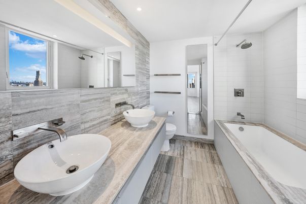 Bathroom, Dual Sink Vanities, Free Standing Baths, Interior, Recessed Lighting, Wood Texture Flooring