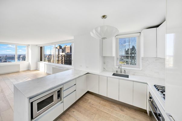 Interior, Kitchen, Marble Walls, Pendant Lights, Wood Texture Flooring