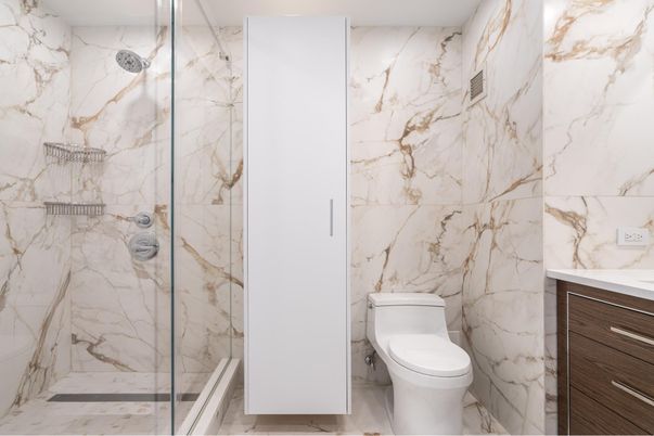 Bathroom, Glass Shower, Interior, Marble Walls, Recessed Lighting