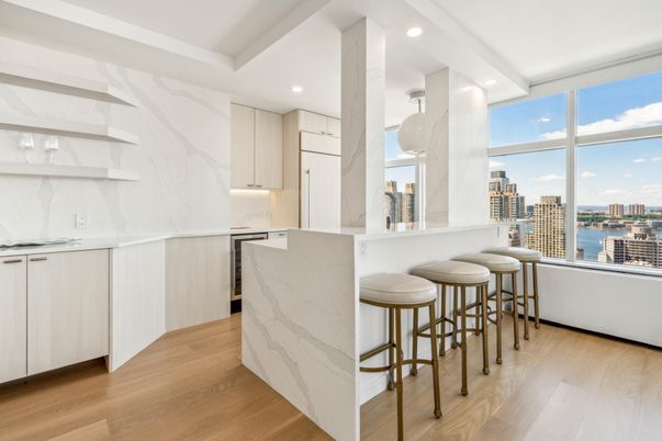 Interior, Kitchen, Marble Walls, Recessed Lighting, Water, Wood Texture Flooring