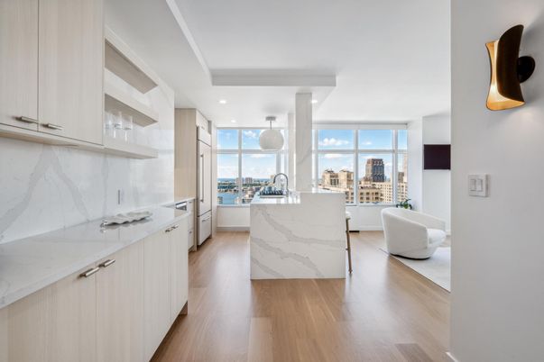 Interior, Kitchen, Marble Walls, Pendant Lights, Recessed Lighting, Wood Texture Flooring