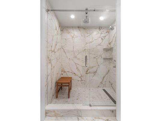 Bathroom, Glass Shower, Interior, Marble, Marble Walls, Recessed Lighting