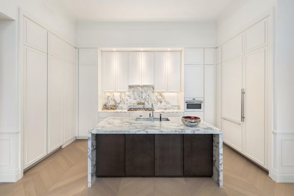 Interior, Kitchen, Marble Walls, Recessed Lighting, Wood Texture Flooring