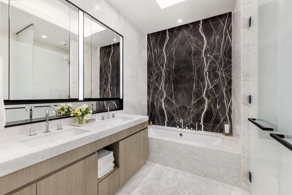 Bathroom, Dual Sink Vanities, Glass Shower, Interior, Marble, Marble Walls, Recessed Lighting