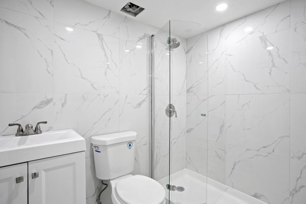 Bathroom, Glass Shower, Interior, Marble Walls, Recessed Lighting