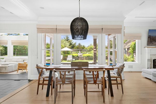 Dining room, Fireplace, Interior, Pendant Lights, Wood Texture Flooring