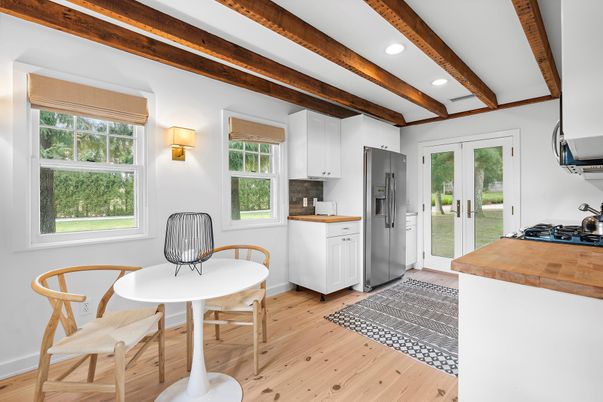 Interior, Kitchen, Recessed Lighting, Wooden Beams, Wood Texture Flooring