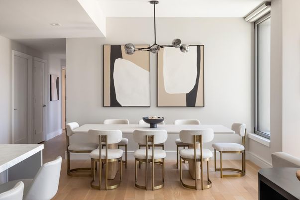 Dining room, Interior, Pendant Lights, Recessed Lighting, Wood Texture Flooring