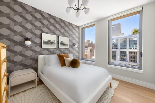 Bedroom, Interior, Pendant Lights, Wood Texture Flooring