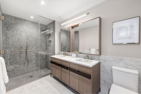 Bathroom, Dual Sink Vanities, Glass Shower, Interior, Marble, Recessed Lighting
