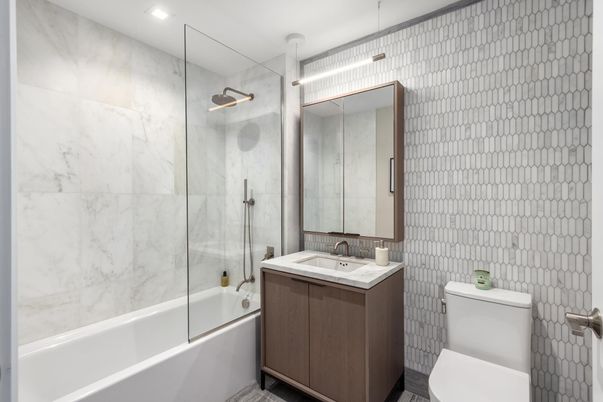 Bathroom, Glass Shower, Interior, Marble Walls, Recessed Lighting