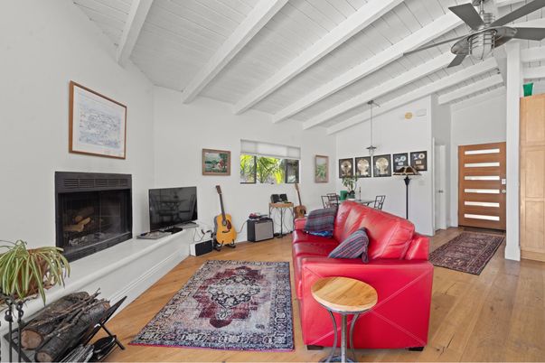 Dining room, Fireplace, Interior, Living room, Pendant Lights, Wood Texture Flooring