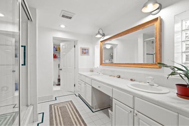 Bathroom, Dual Sink Vanities, Interior, Recessed Lighting, Tile Countertops