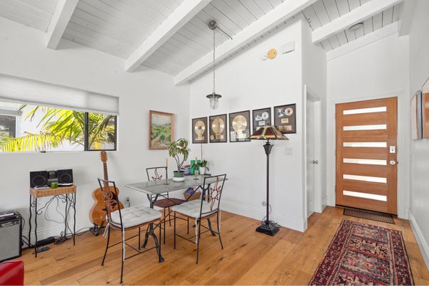 Dining room, Interior, Pendant Lights, Wood Texture Flooring