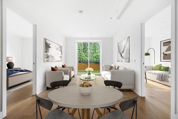 Dining room, Interior, Living room, Recessed Lighting, Wood Texture Flooring