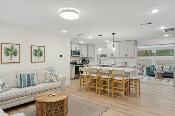 Interior, Kitchen, Living room, Pendant Lights, Recessed Lighting, Stainless Steel Appliances, Wood Texture Flooring