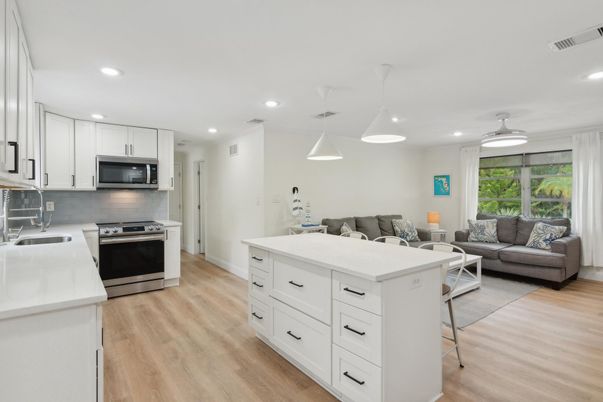 Interior, Kitchen, Living room, Pendant Lights, Recessed Lighting, Stainless Steel Appliances, Wood Texture Flooring
