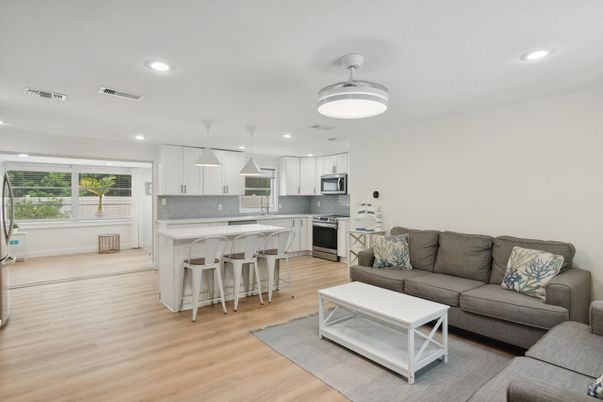 Interior, Kitchen, Living room, Pendant Lights, Recessed Lighting, Stainless Steel Appliances, Wood Texture Flooring