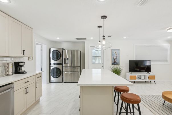 Interior, Kitchen, Marble, Pendant Lights, Recessed Lighting, Stainless Steel Appliances, Washer