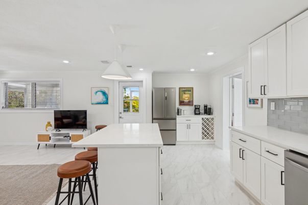 Interior, Kitchen, Marble, Pendant Lights, Recessed Lighting, Stainless Steel Appliances