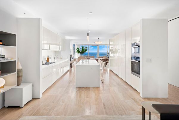 Interior, Kitchen, Pendant Lights, Recessed Lighting, Stainless Steel Appliances, Water, Wood Texture Flooring