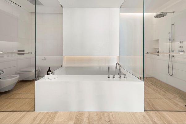 Bathroom, Glass Shower, Interior, Wood Texture Flooring