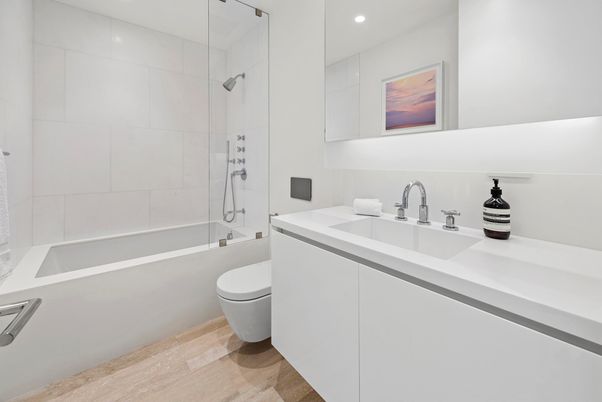 Bathroom, Glass Shower, Interior, Recessed Lighting, Wood Texture Flooring