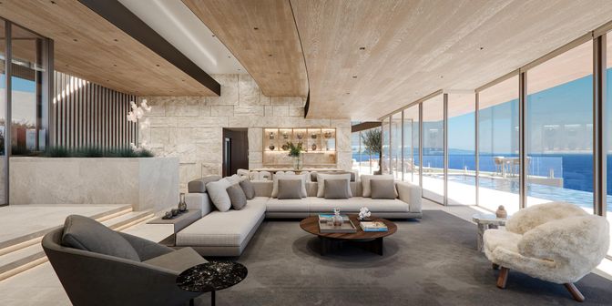 Fireplace, Interior, Living room, Stone Walls, Water, Wooden Ceilings