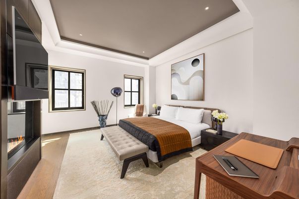 Bedroom, Fireplace, Interior, Recessed Lighting, Wood Texture Flooring