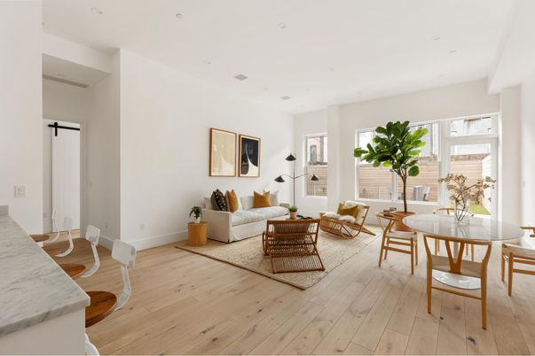 Dining room, Interior, Living room, Recessed Lighting, Wood Texture Flooring