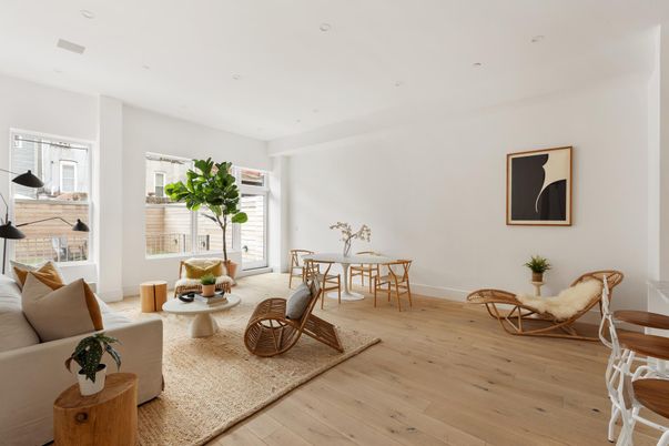 Dining room, Interior, Living room, Recessed Lighting, Wood Texture Flooring