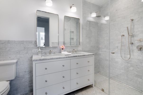 Bathroom, Dual Sink Vanities, Glass Shower, Interior, Marble Walls