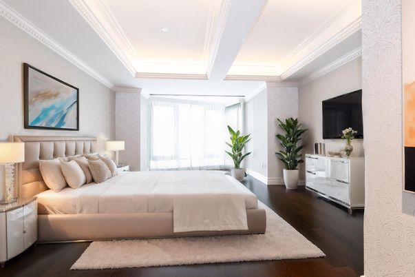 Bedroom, Interior, Recessed Lighting, Wood Texture Flooring