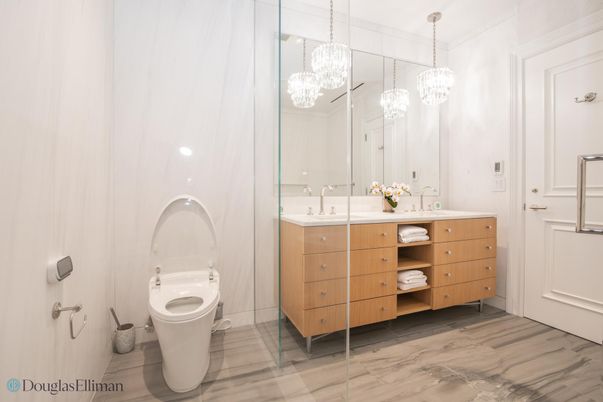 Bathroom, Dual Sink Vanities, Interior, Pendant Lights, Recessed Lighting, Wood Texture Flooring