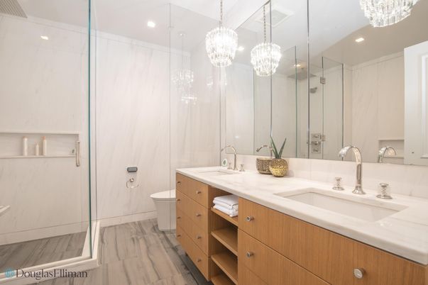 Bathroom, Chandelier, Dual Sink Vanities, Glass Shower, Interior, Marble, Recessed Lighting
