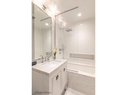Bathroom, Glass Shower, Interior, Recessed Lighting, Wood Texture Flooring