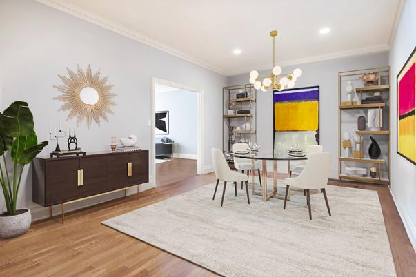 Chandelier, Dining room, Interior, Recessed Lighting, Wood Texture Flooring