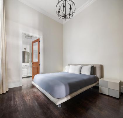 Bedroom, Chandelier, Interior, Wood Texture Flooring