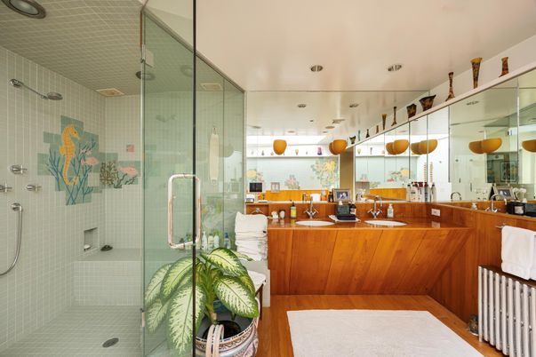 Bathroom, Glass Shower, Interior, Wood Texture Flooring