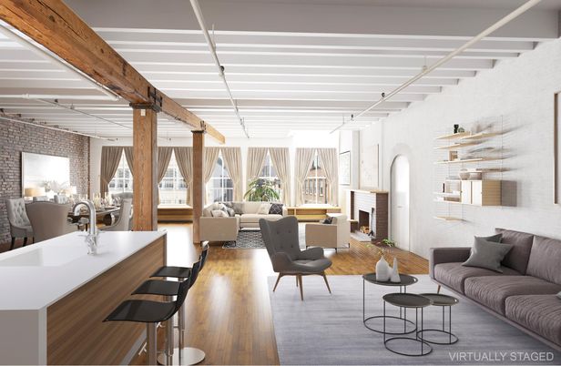 Fireplace, Interior, Living room, Pendant Lights, Stone Walls, Wood Texture Flooring
