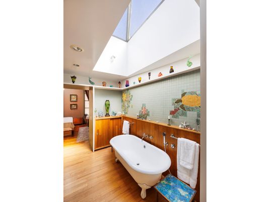 Bathroom, Free Standing Baths, Interior, Recessed Lighting, Wood Texture Flooring
