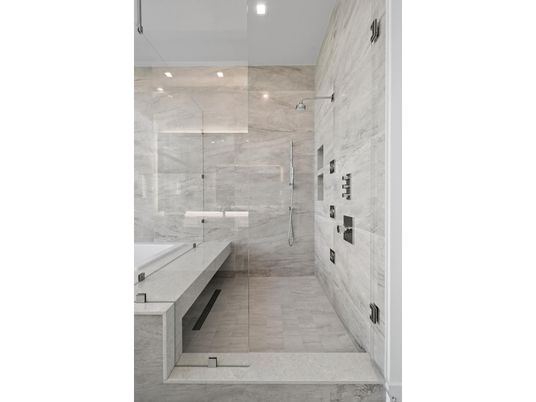 Bathroom, Glass Shower, Interior, Marble Walls, Recessed Lighting
